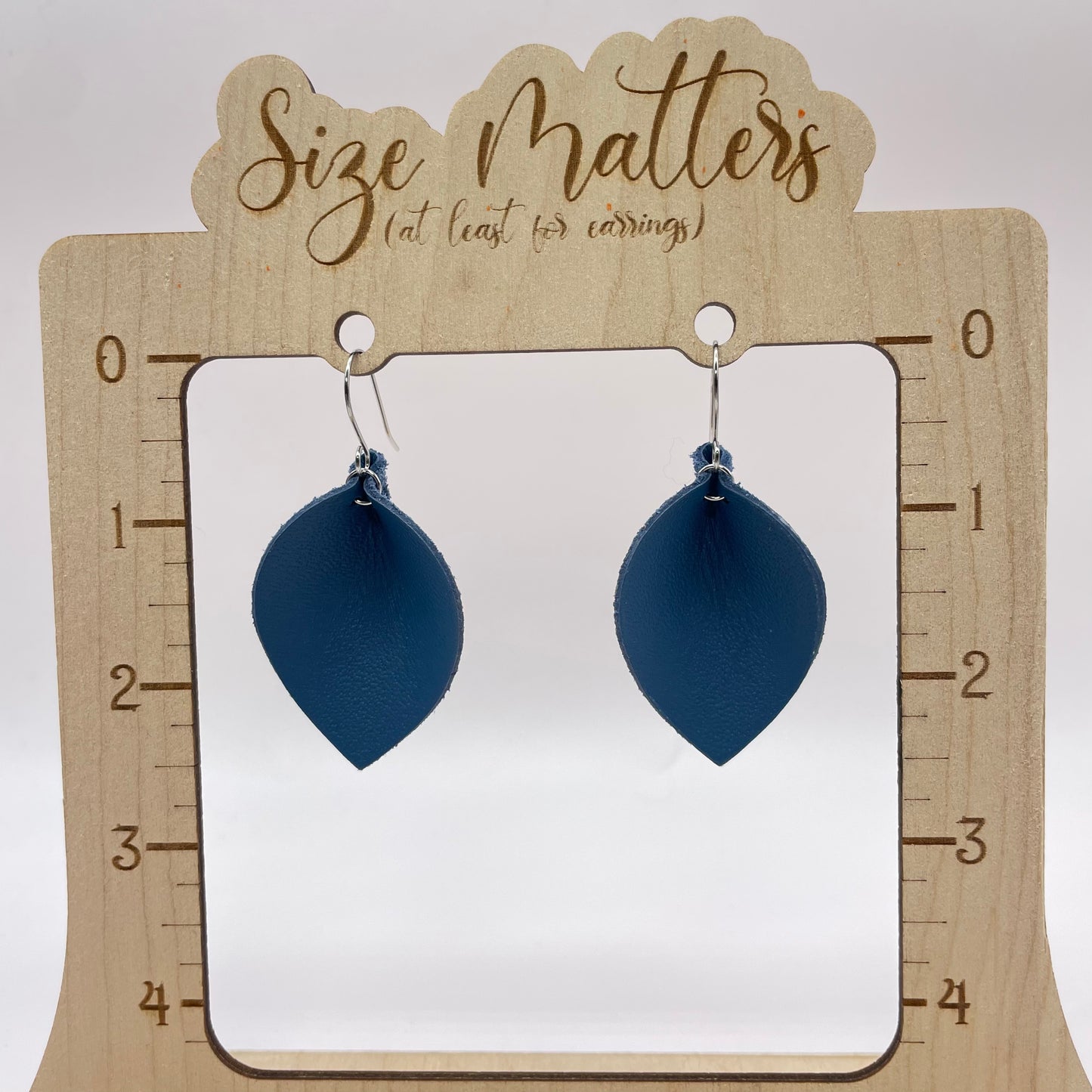 Dark Blue Pinched Petal Leather Drop Dangle Earrings
