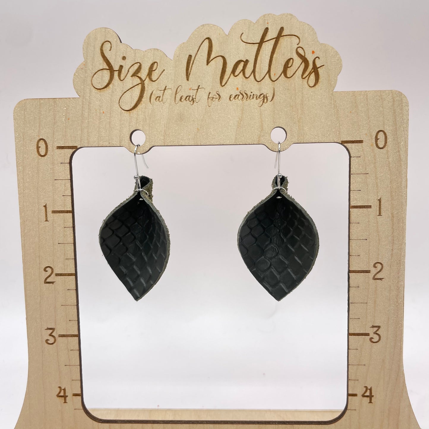 Dark Grey Pebble Pinched Petal Leather Drop Dangle Earrings