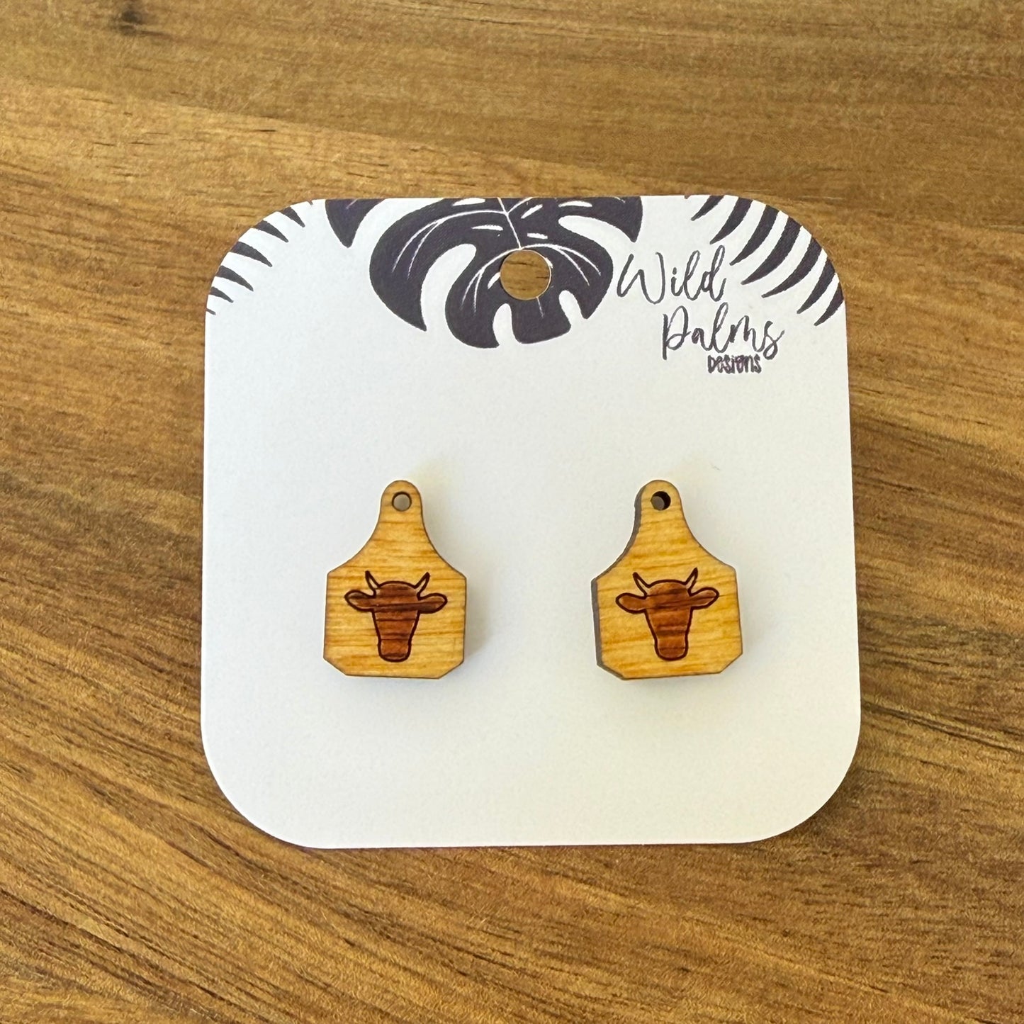 Cow Head with Horns Cattle Tag Stud Earrings