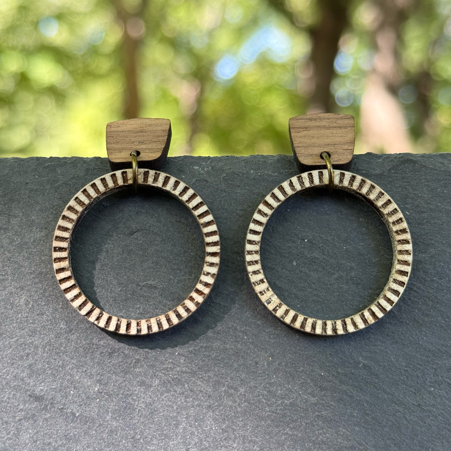 Lined Ring with Stud Connector Drop Dangle Earrings