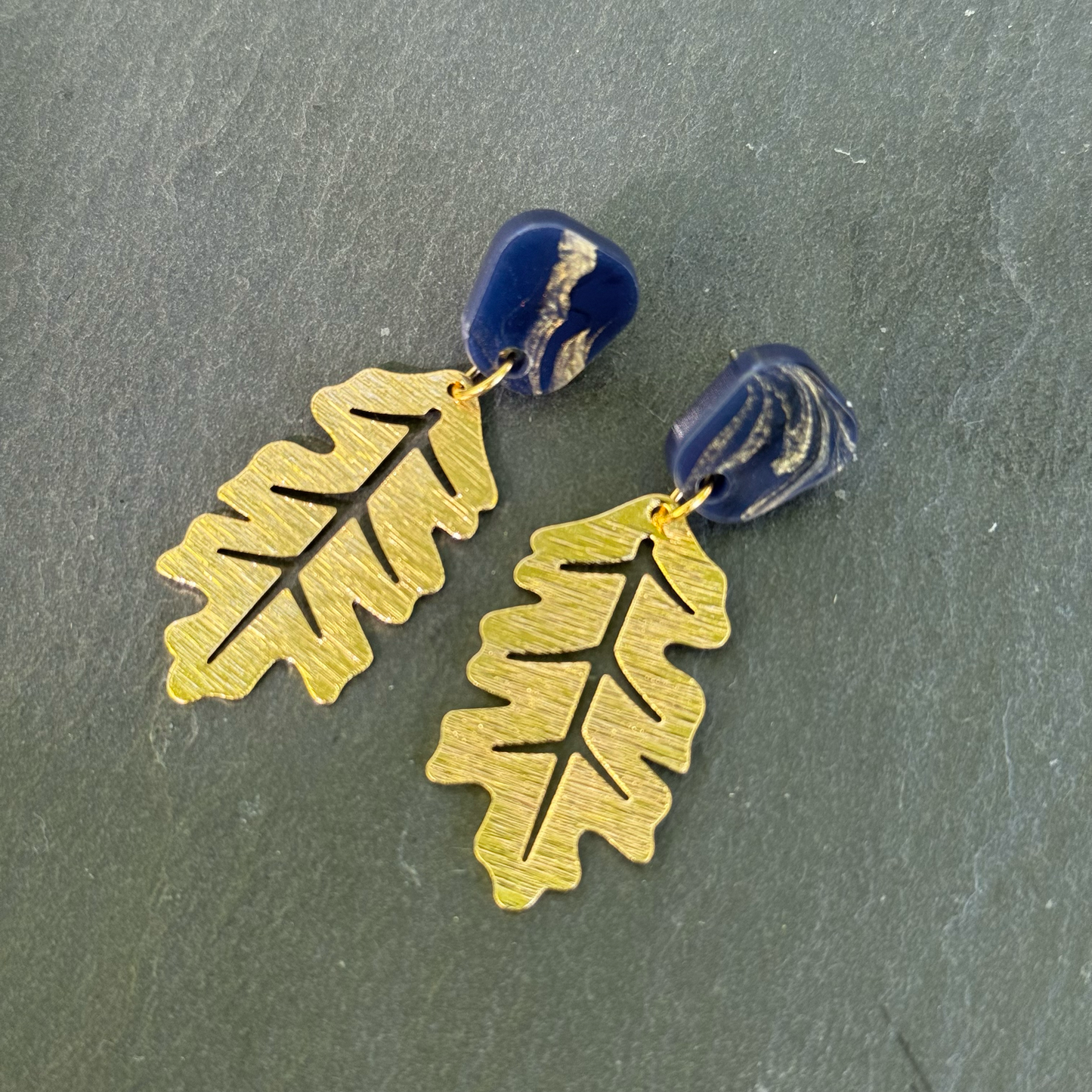 Gold Leaf with Swirl Acrylic Stud Dangle Earrings (