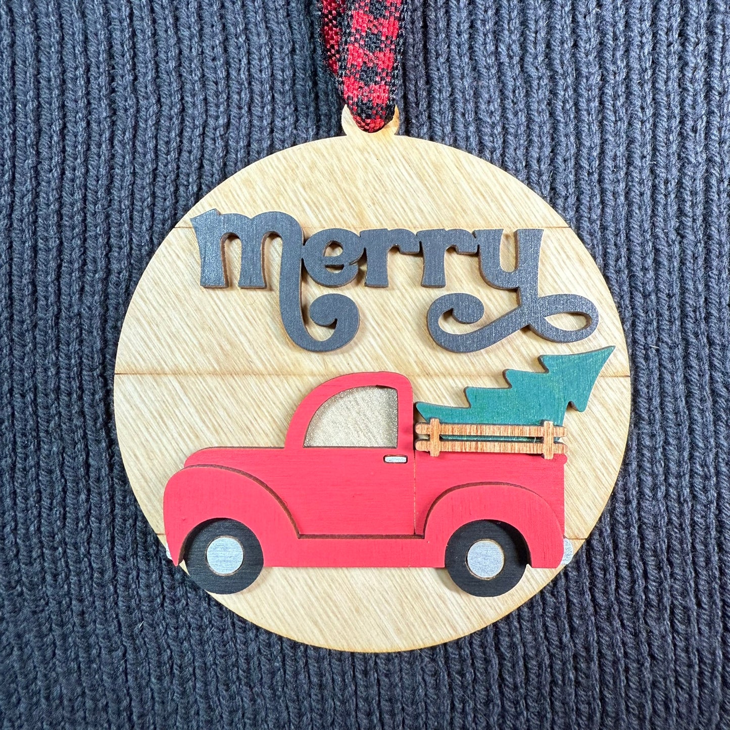 Round "merry" Truck Layered Wood Ornament