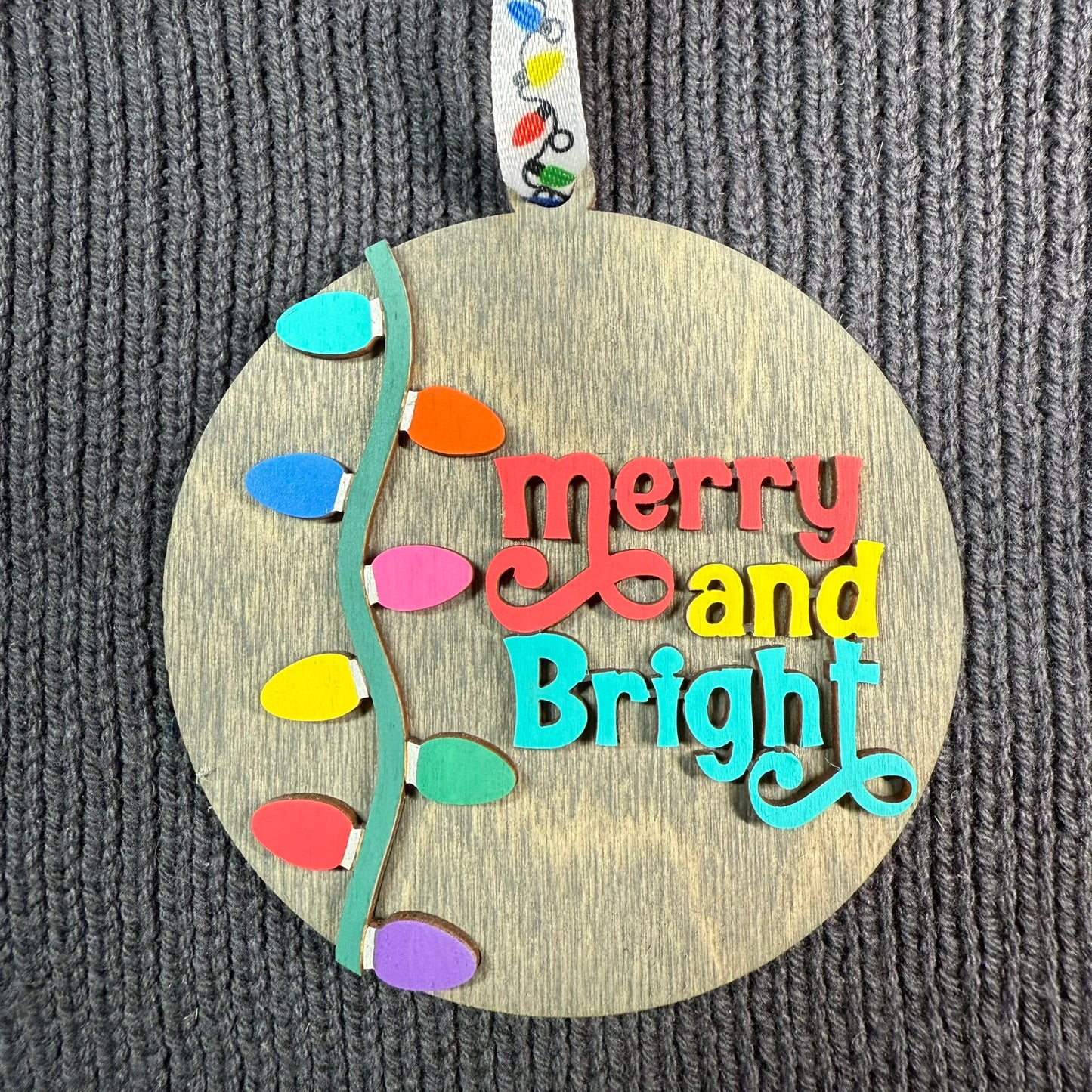 Round "Merry & Bright" Lights Layered Wood Ornament