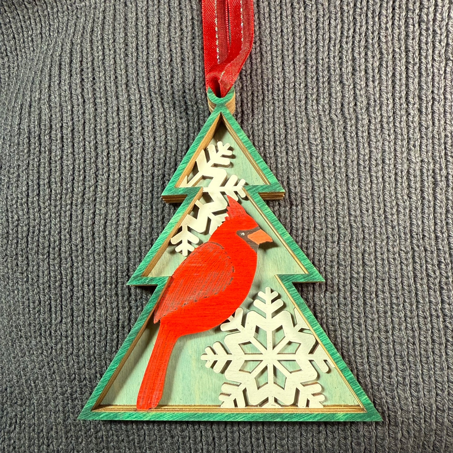 Cardinal in Tree Shaped Layered Wood Ornament