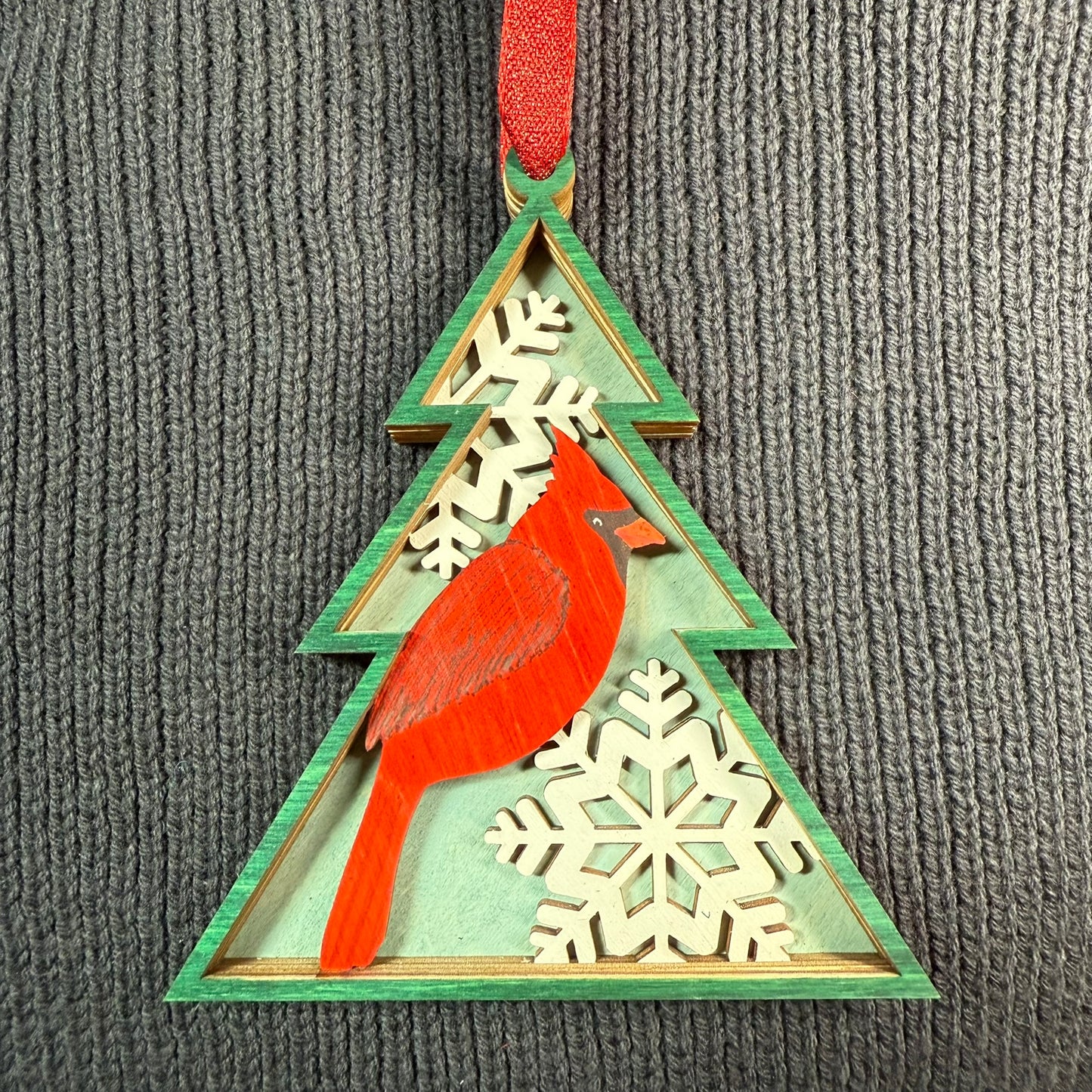 Cardinal in Tree Shaped Layered Wood Ornament