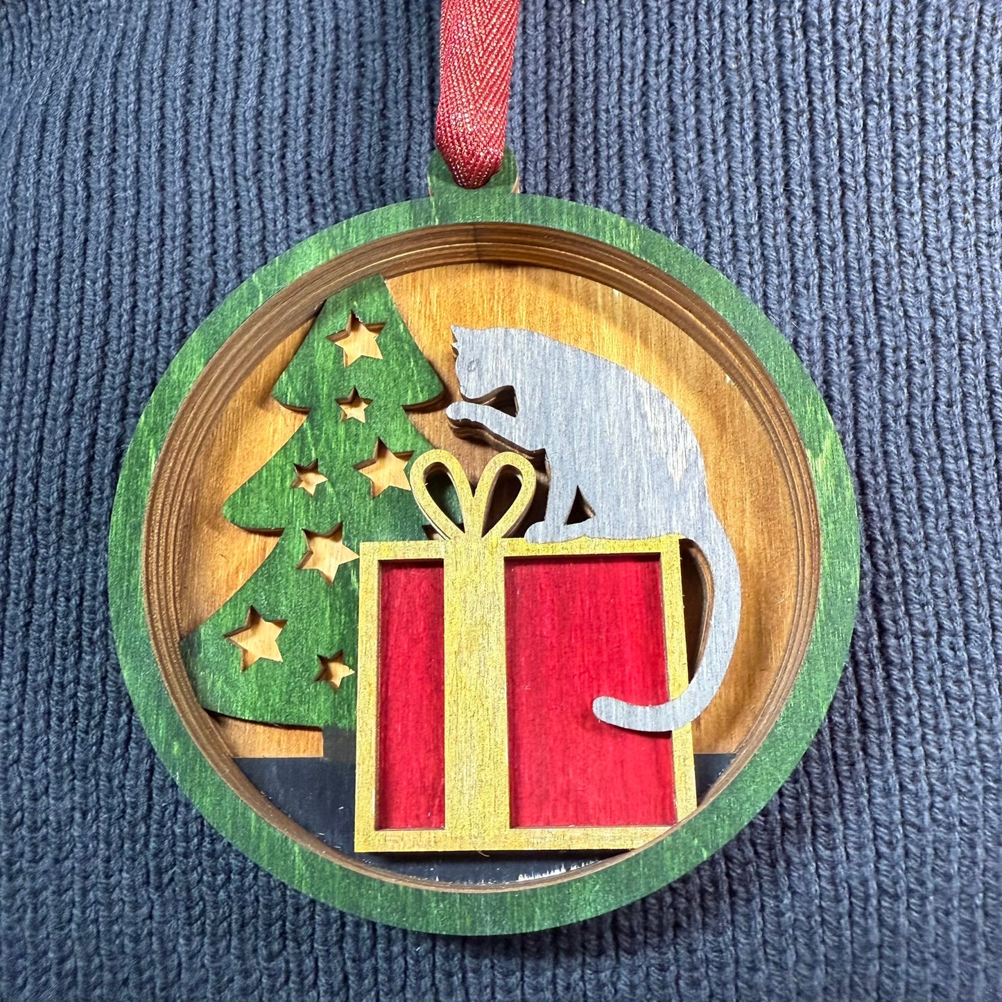 Cat on Present Layered Wood Ornament