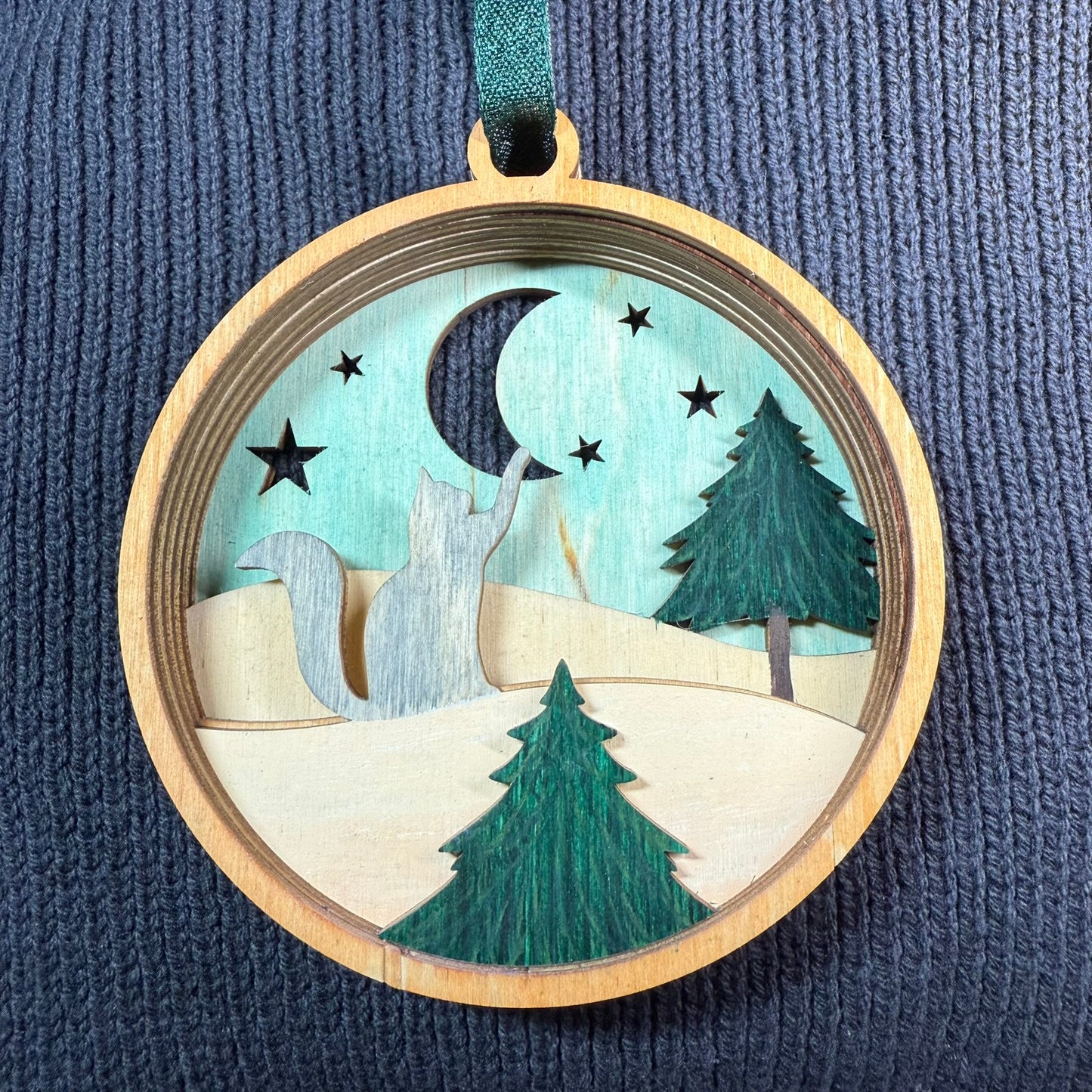 Cat & Moon Layered Wood Ornament