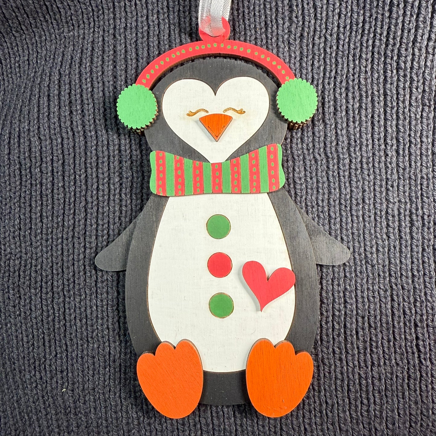 Penguin with Earmuffs Layered Wood Ornament