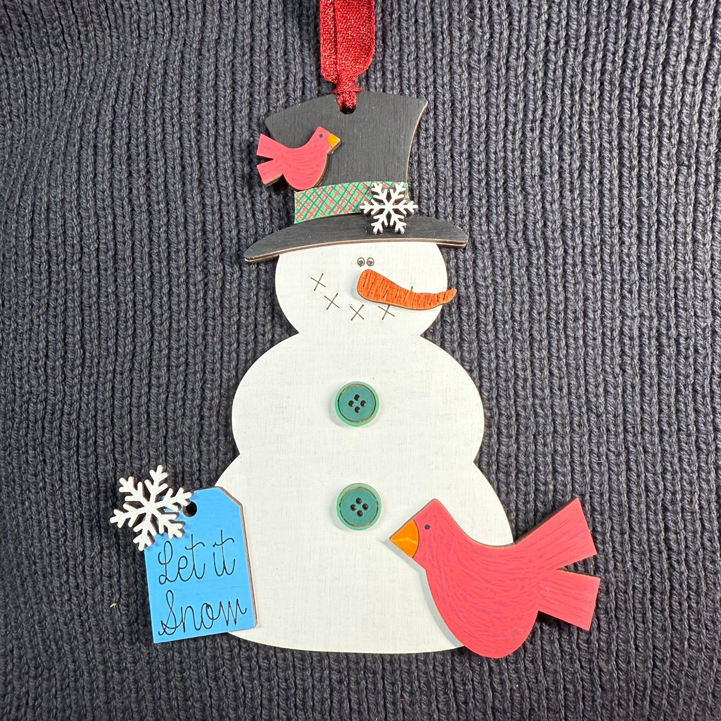 Snowman "let it snow" Tag & Cardinal Layered Wood Ornament