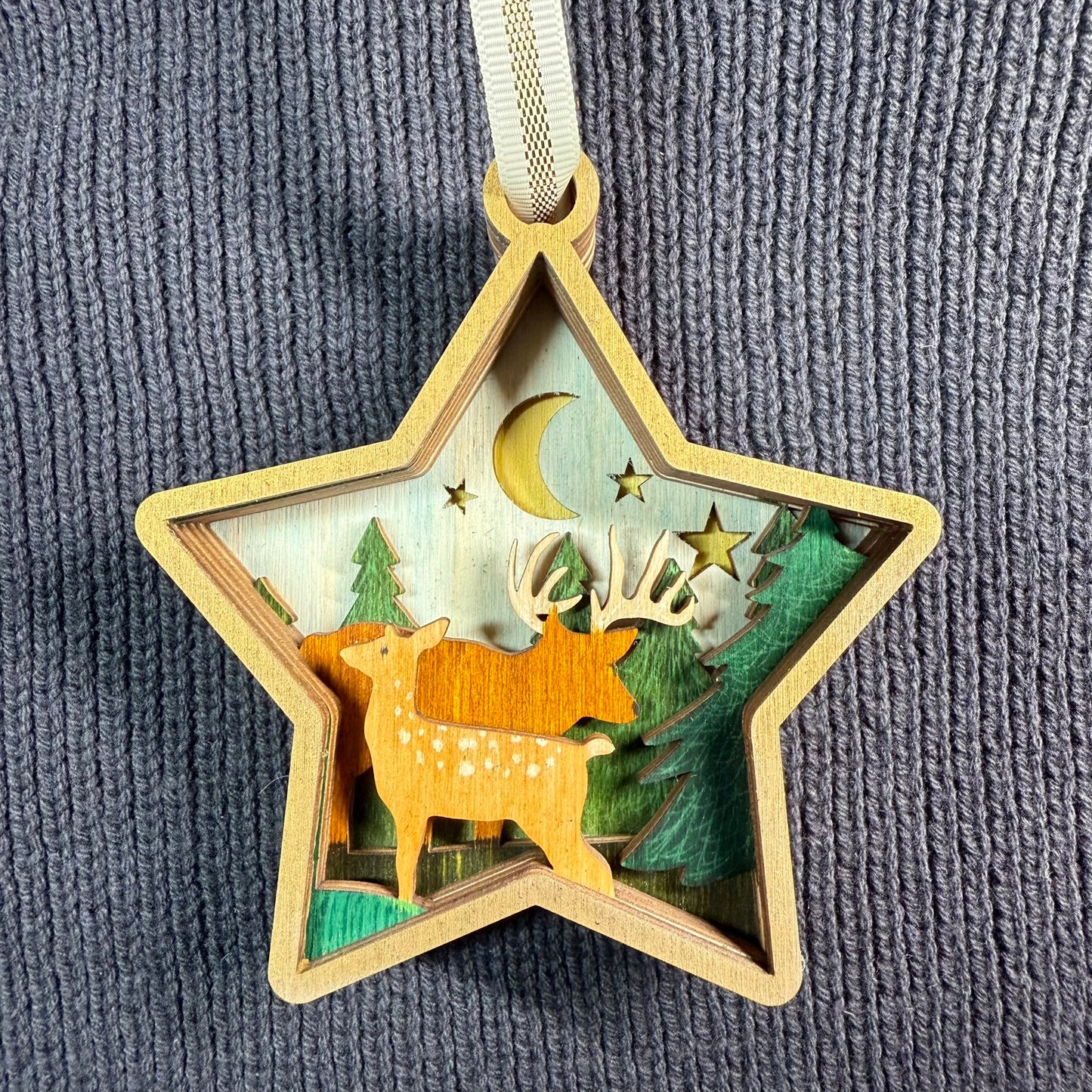Pair of Deer Star Shaped Layered Wood Ornament
