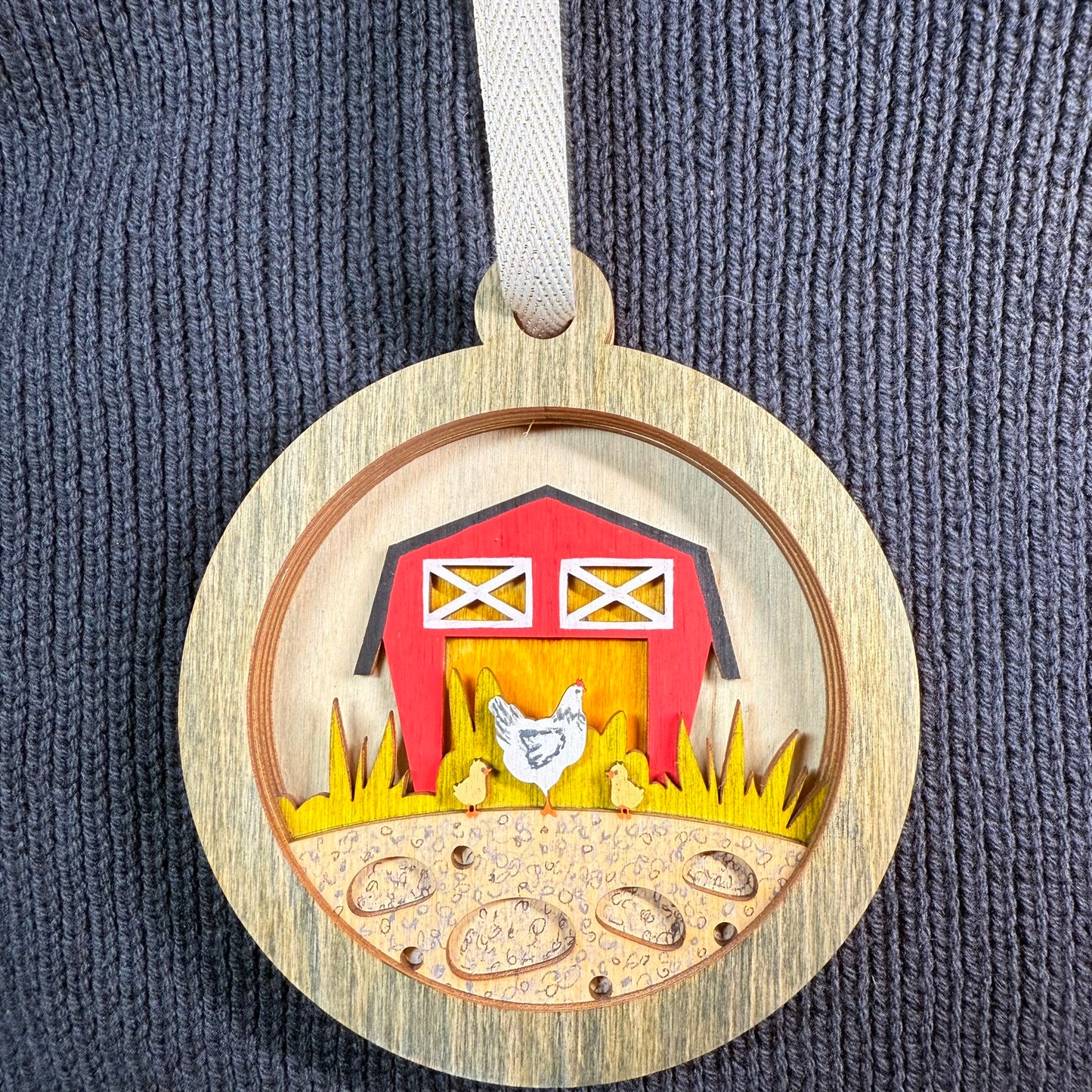 Chicken and Barn Layered Wood Ornament