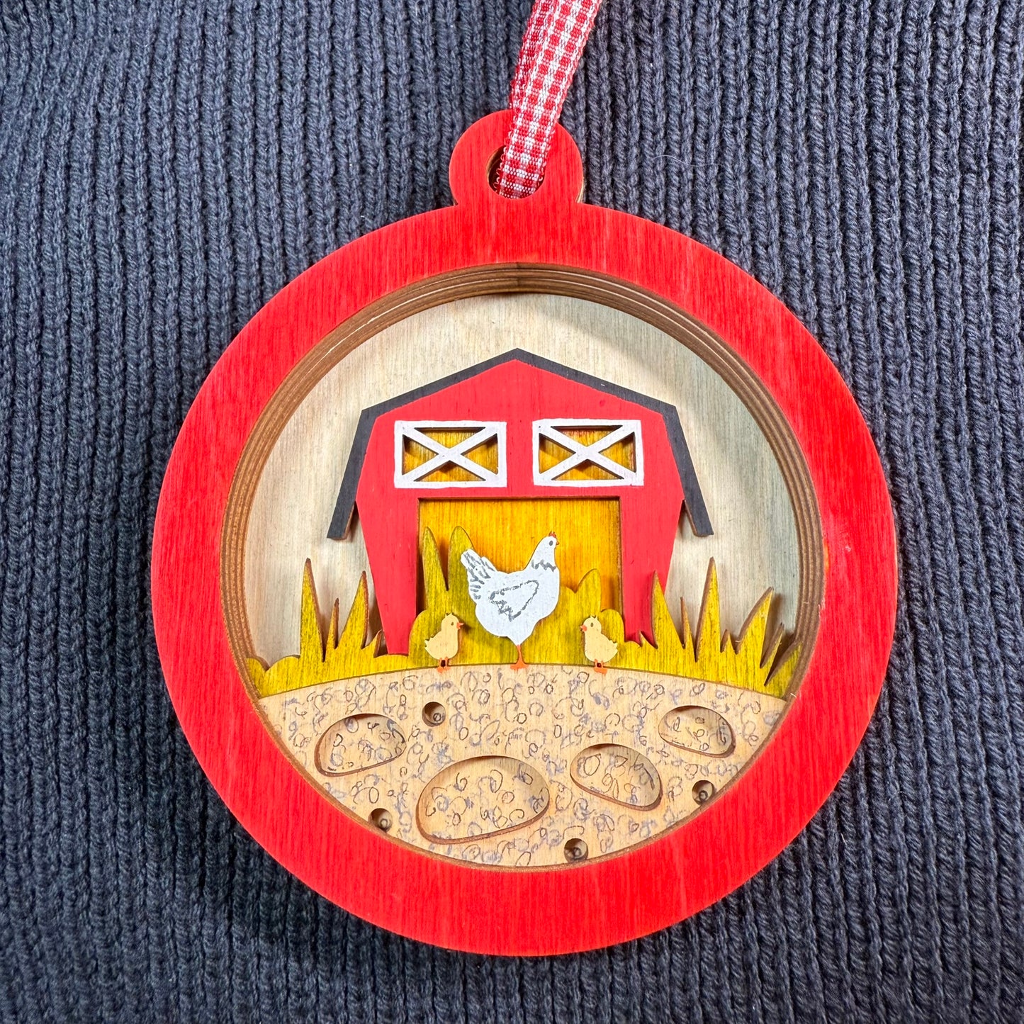 Chicken and Barn Layered Wood Ornament