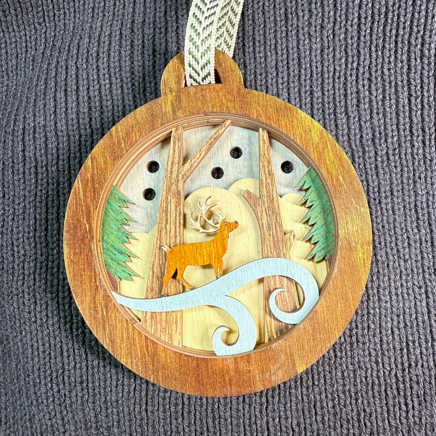 Deer in Windy Trees Layered Wood Ornament