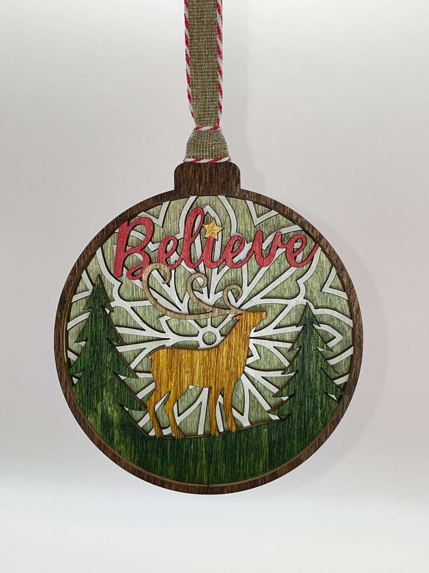 Believe One Reindeer Layered Wood Ornament