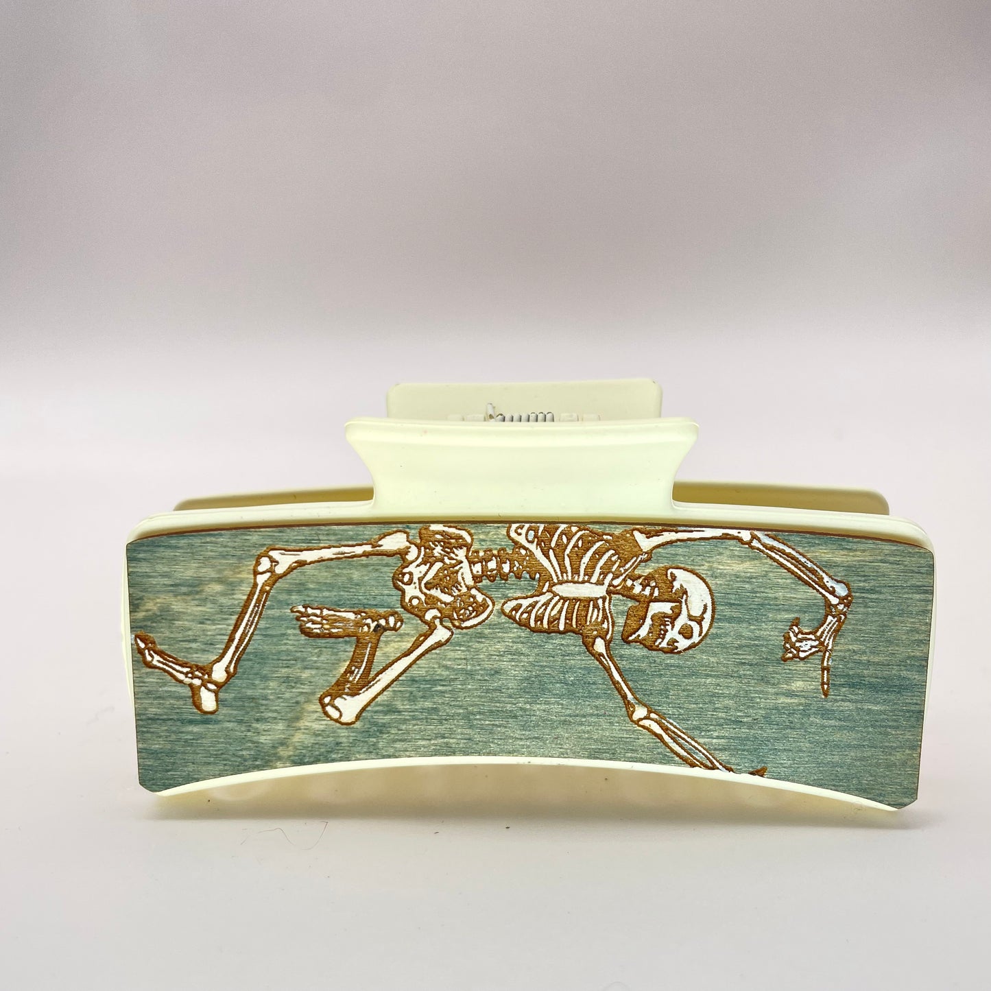Dancing Skeleton Wood 4 inch Rectangle Hair Clip