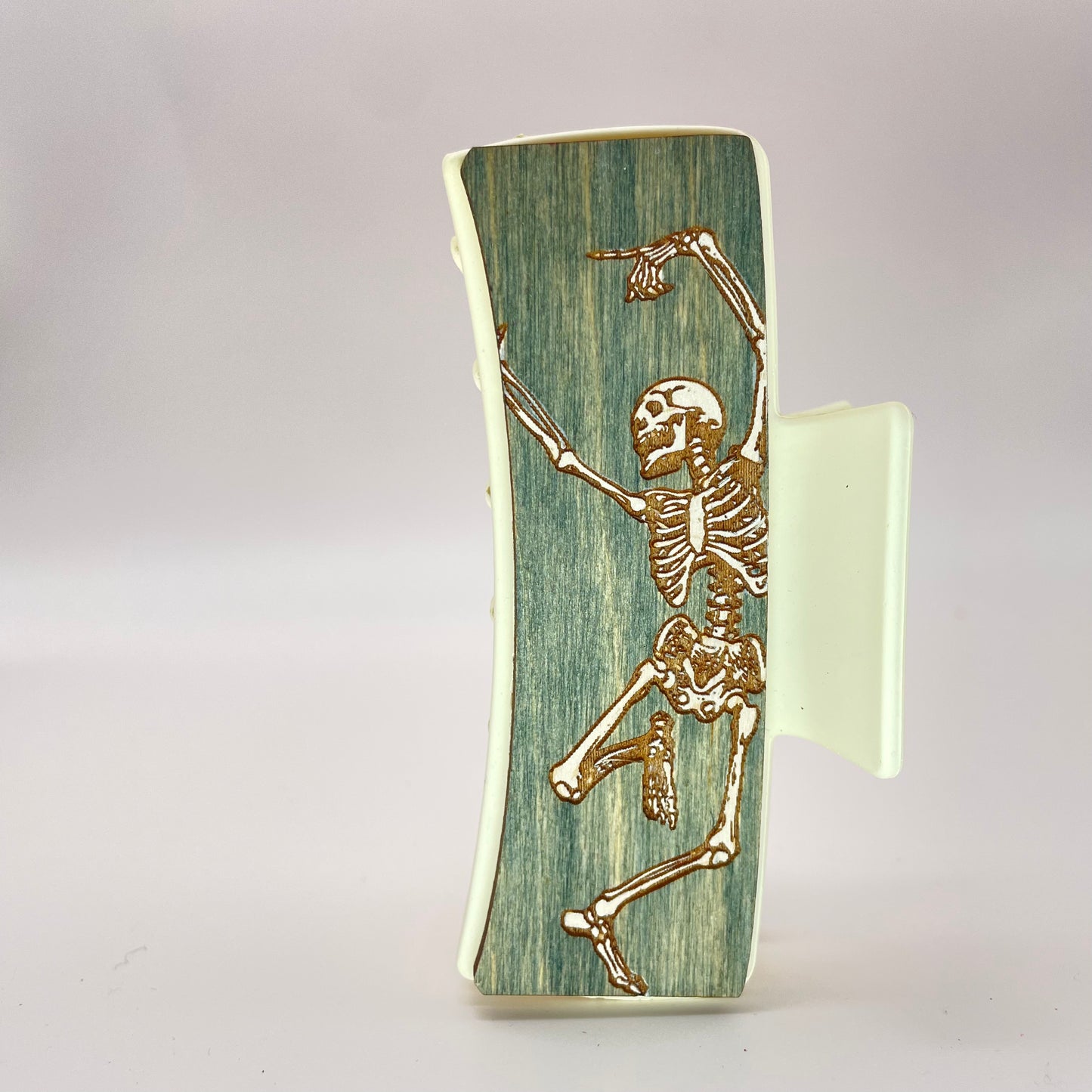 Dancing Skeleton Wood 4 inch Rectangle Hair Clip
