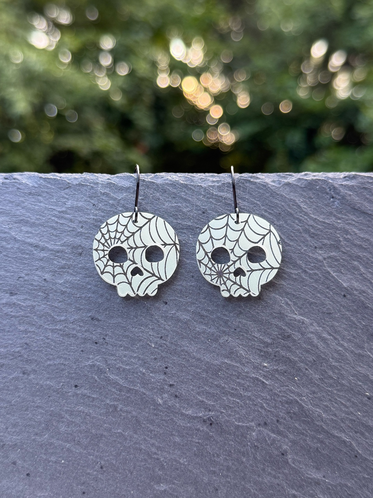 Web Covered Skull Acrylic Drop Dangle Earrings