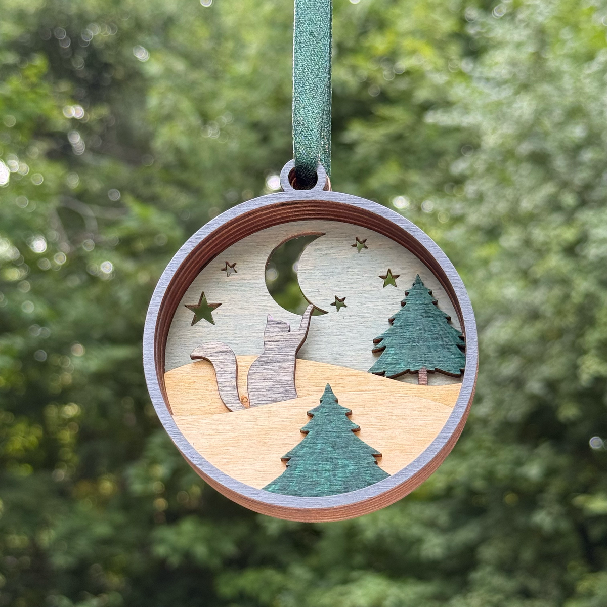 Cat & Moon Layered Wood Ornament