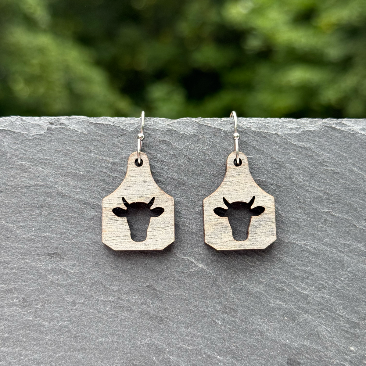 Cow Head (cutout) Cattle Tag Grey Drop Dangle Earrings