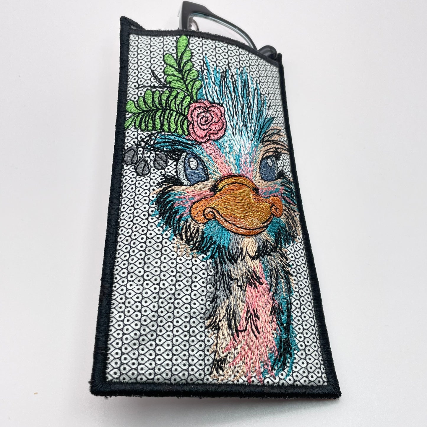 Bird Brain on Gray Dot Embroidered Eye Glass Case