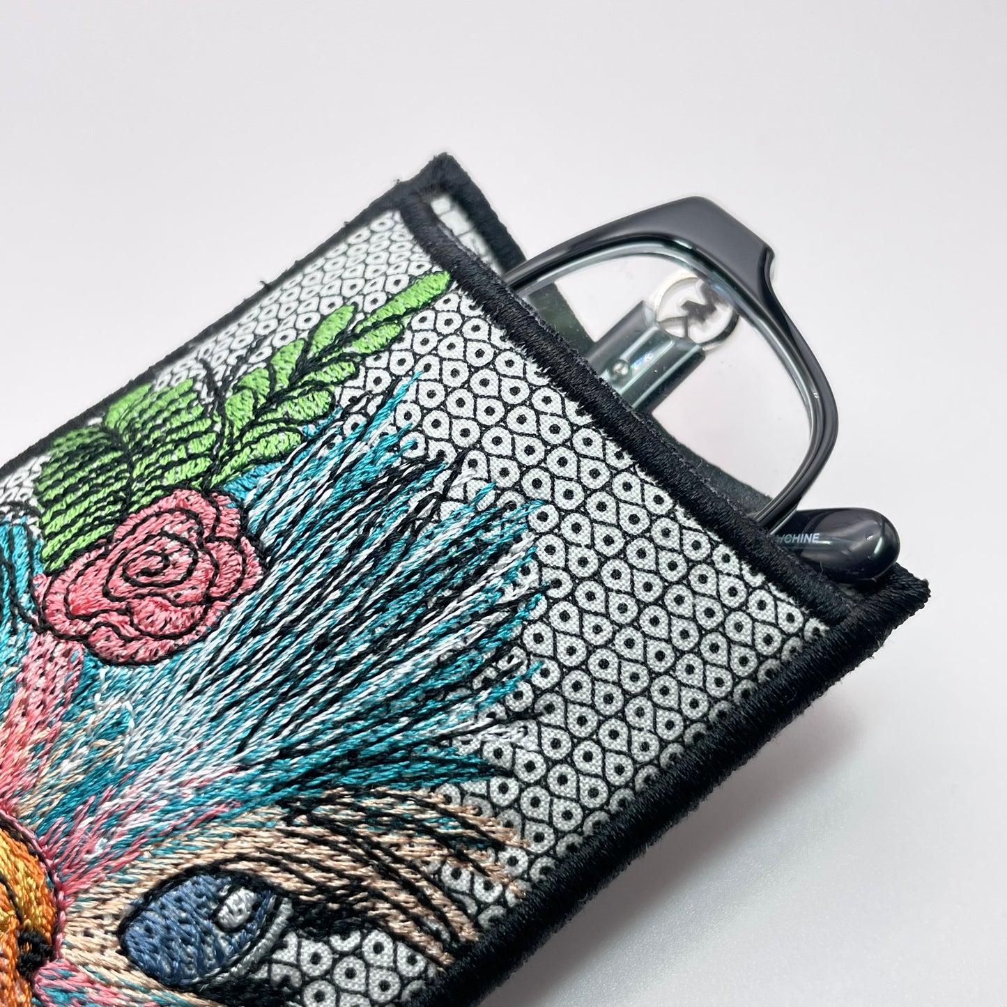 Bird Brain on Gray Dot Embroidered Eye Glass Case