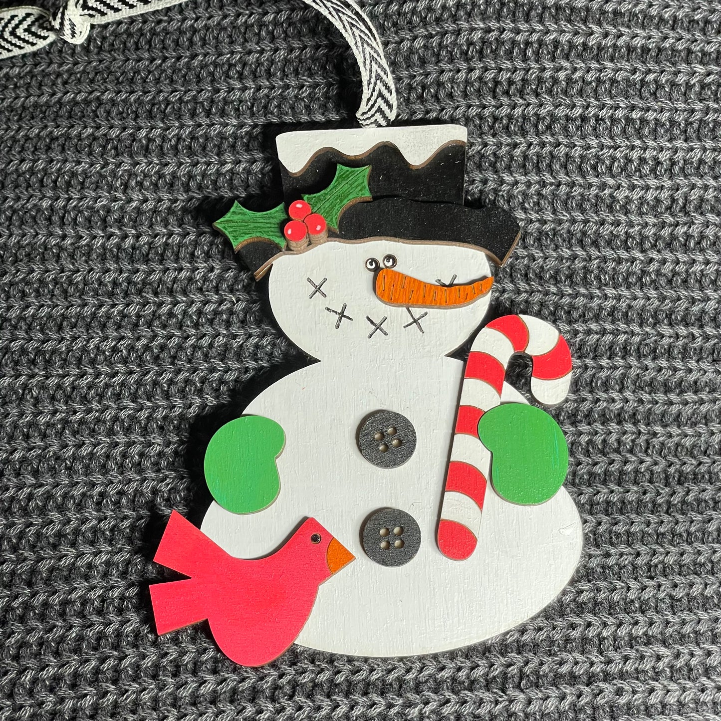 Snowman Candy Cane & Cardinal Layered Wood Ornament