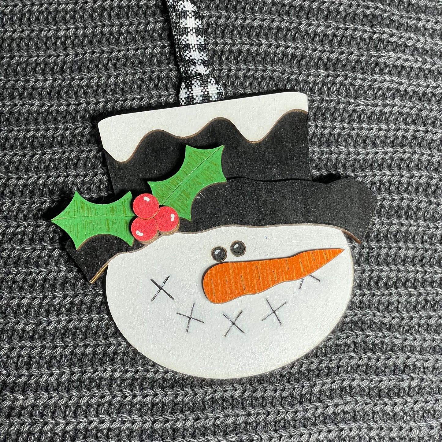 Snowman Head with Holly Layered Wood Ornament