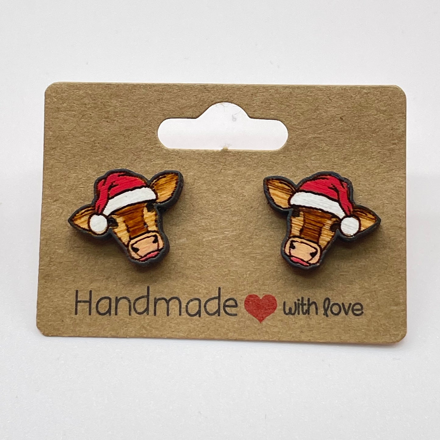 Large Cow with Santa Hat Stud Earrings