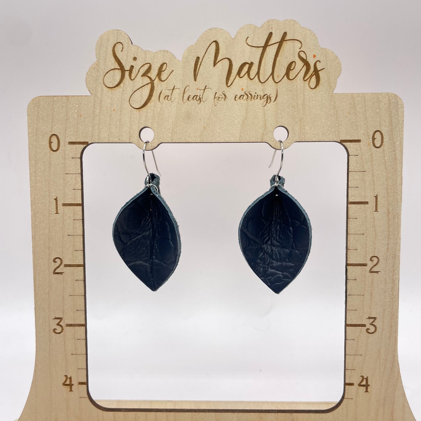 Navy Blue Pinched Petal Leather Drop Dangle Earrings