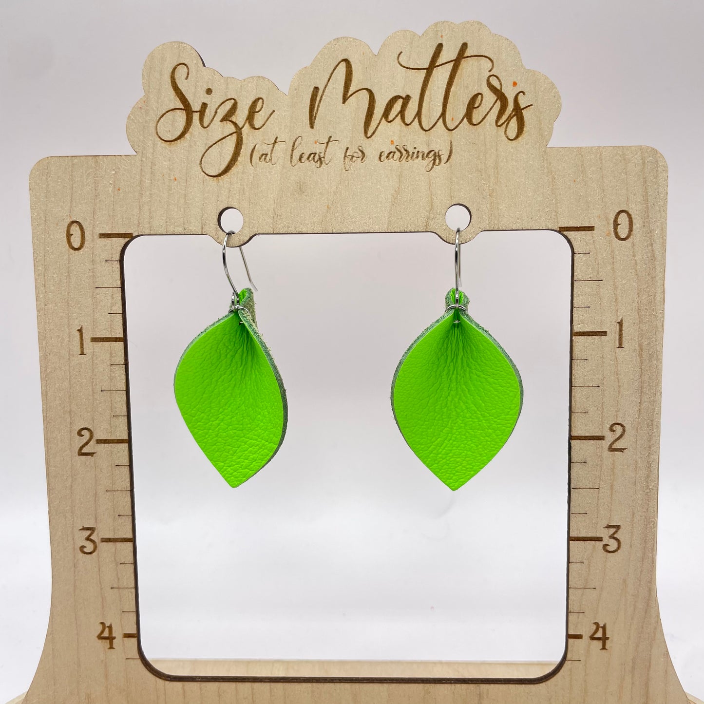Neon Green Pinched Petal Leather Drop Dangle Earrings