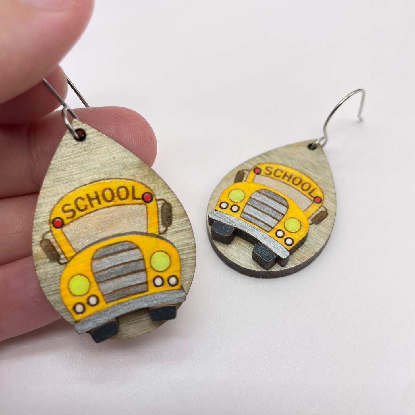 3D School Bus Light Grey Drop Dangle Earrings
