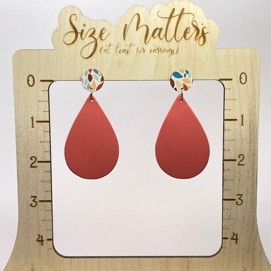 Coral Teardrop Leather Drop Dangle Earrings