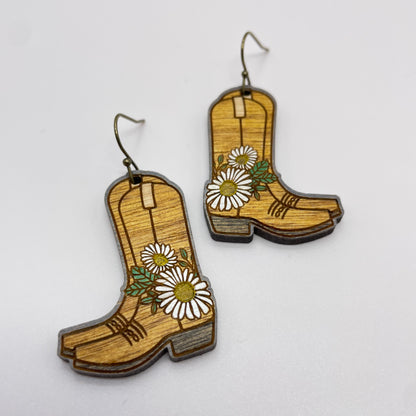 Daisy Cowboy Boot Drop Dangle Earrings