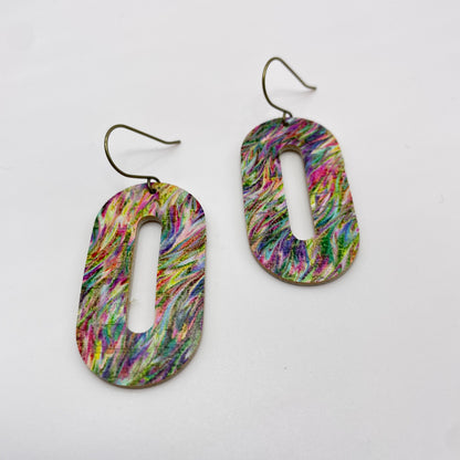 Rainbow Strokes Oval Leather Drop Dangle Earrings