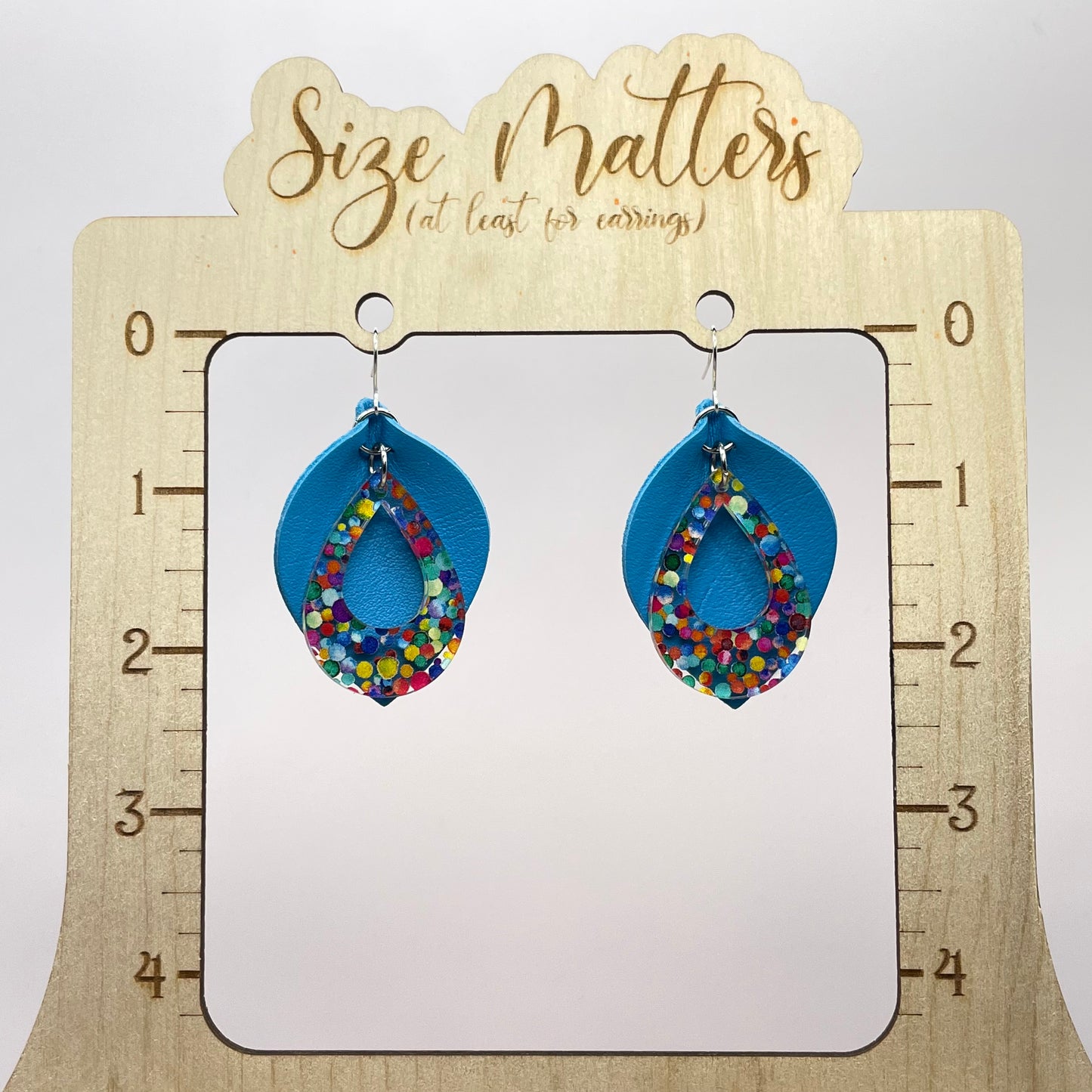 Confetti Dots Blue Leather Drop Dangle Earrings