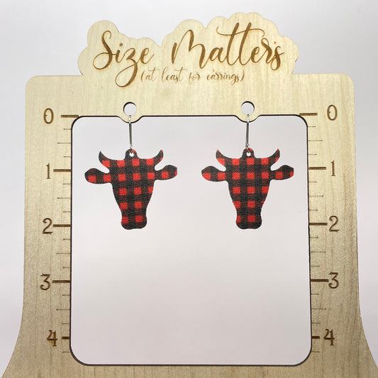 Red Buffalo Plaid Bull Leather Drop Dangle Earrings