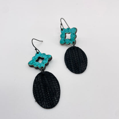 Antique Teal Oval Leather Drop Dangle Earrings