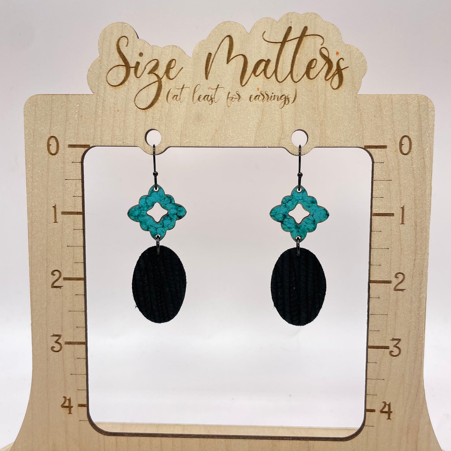 Antique Teal Oval Leather Drop Dangle Earrings