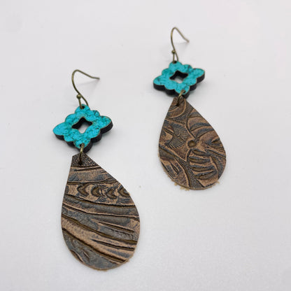 Antique Teal Teardrop Leather Drop Dangle Earrings