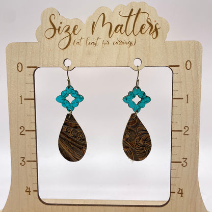 Antique Teal Teardrop Leather Drop Dangle Earrings