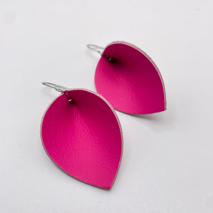 Barbie Pink Pinched Petal Leather Drop Dangle Earrings