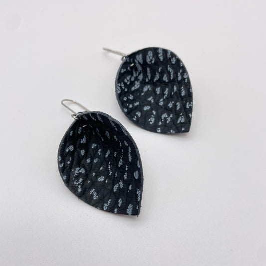 Black + Blue Pinched Petal Leather Drop Dangle Earrings