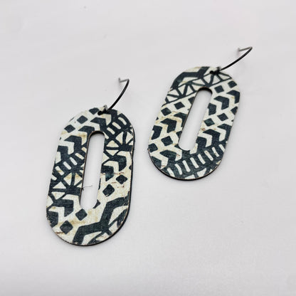 Black + White Tire Tracks Oval Leather Drop Dangle Earrings