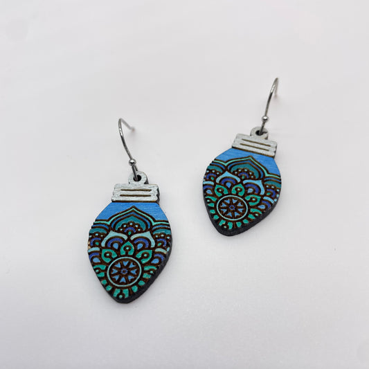 Christmas Bulb Zentangle Blue Drop Dangle Earrings