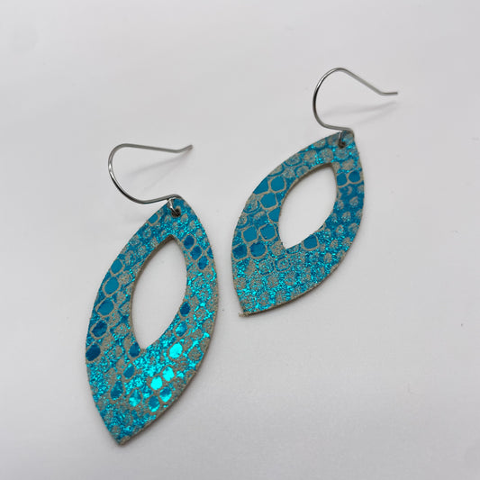 Blue Snake Skin Leather Drop Dangle Earrings