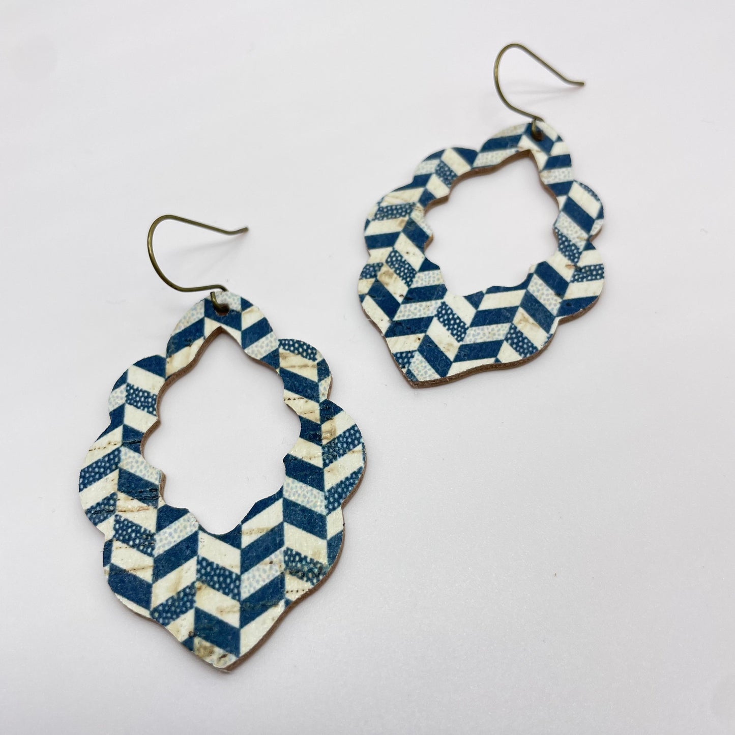 Blue + White Zig Zag Leather Drop Dangle Earrings