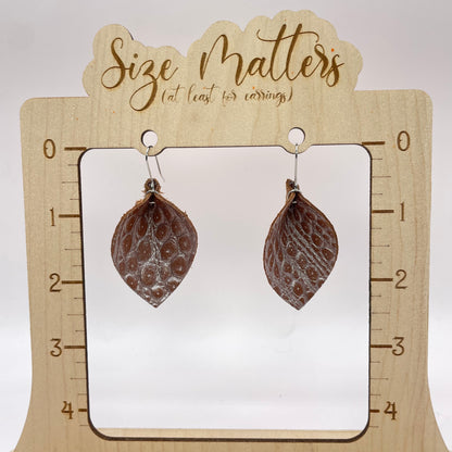 Brown Pebble Pinched Petal Leather Drop Dangle Earrings