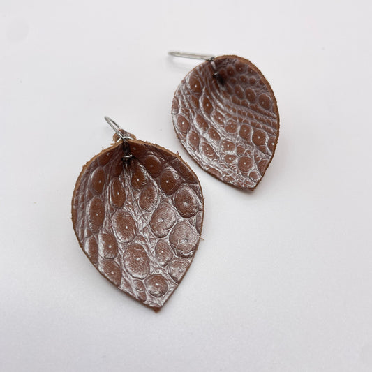 Brown Pebble Pinched Petal Leather Drop Dangle Earrings