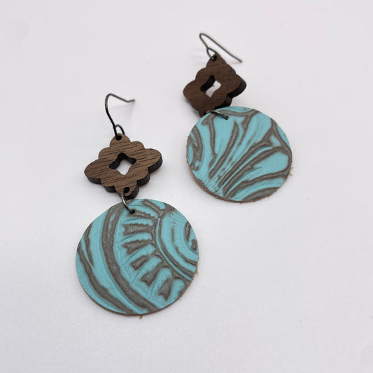 Brown Wood + Antique Teal Leather Drop Dangle Earrings