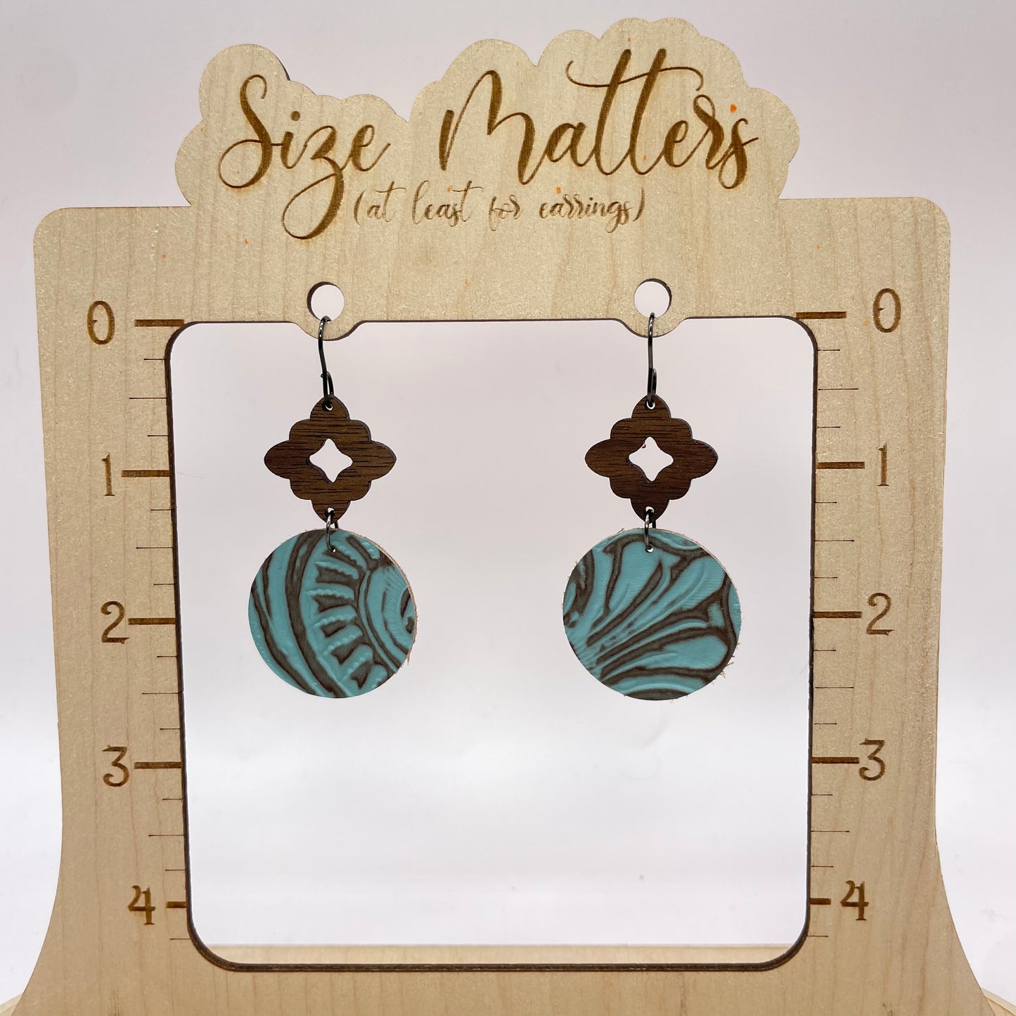 Brown Wood + Antique Teal Leather Drop Dangle Earrings